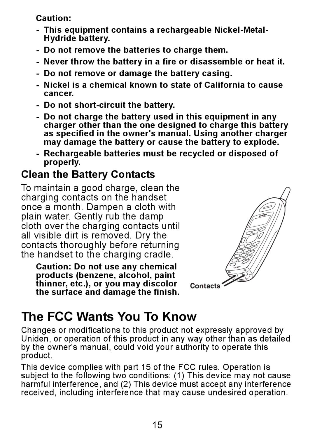 Uniden DCX730 Series manual FCC Wants You To Know, Clean the Battery Contacts 