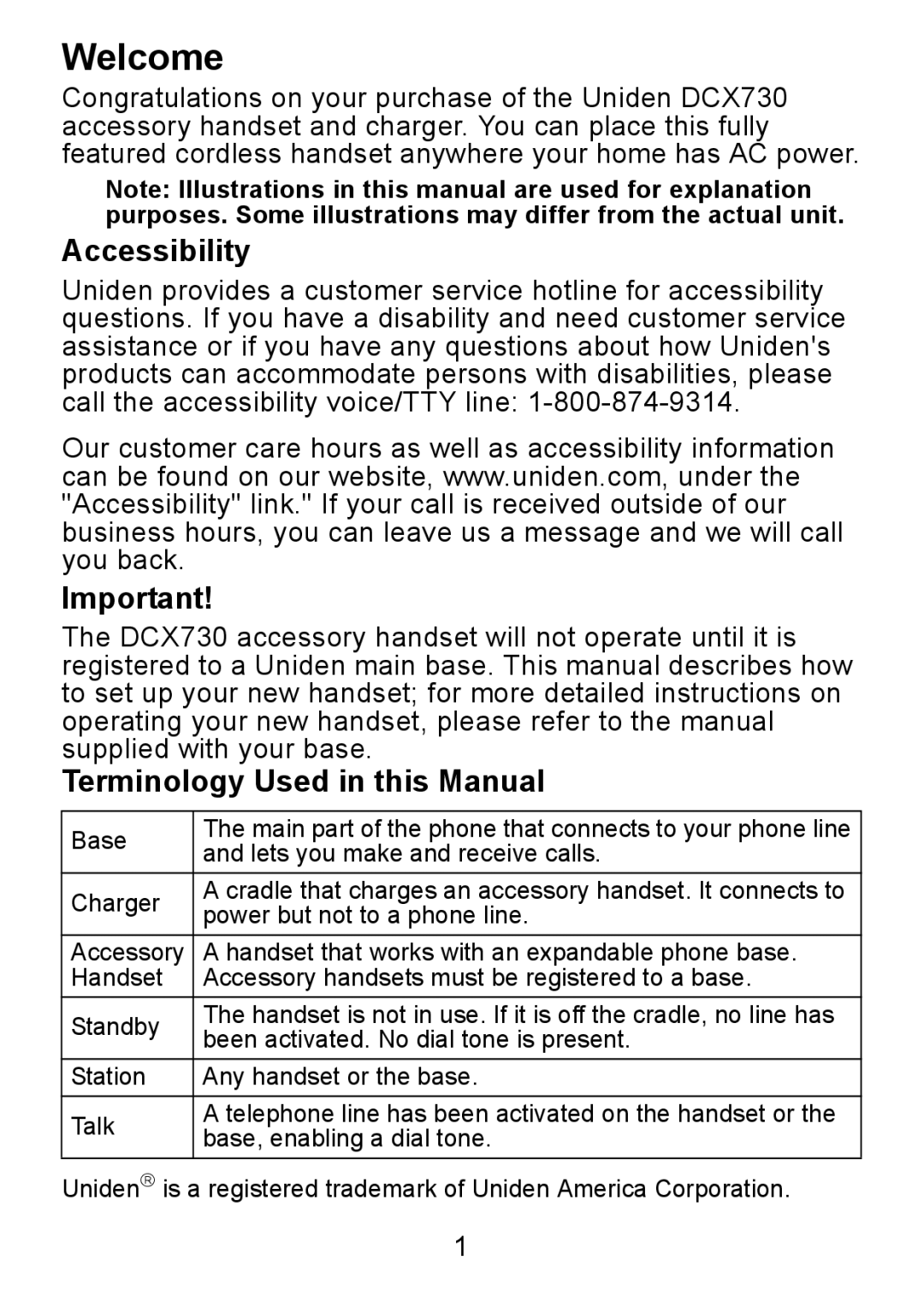 Uniden DCX730 Series manual Welcome, Accessibility, Terminology Used in this Manual 