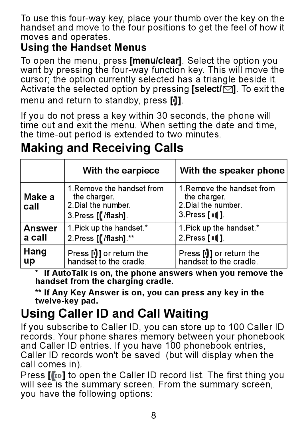 Uniden DCX730 Series manual Making and Receiving Calls, Using Caller ID and Call Waiting, Using the Handset Menus 