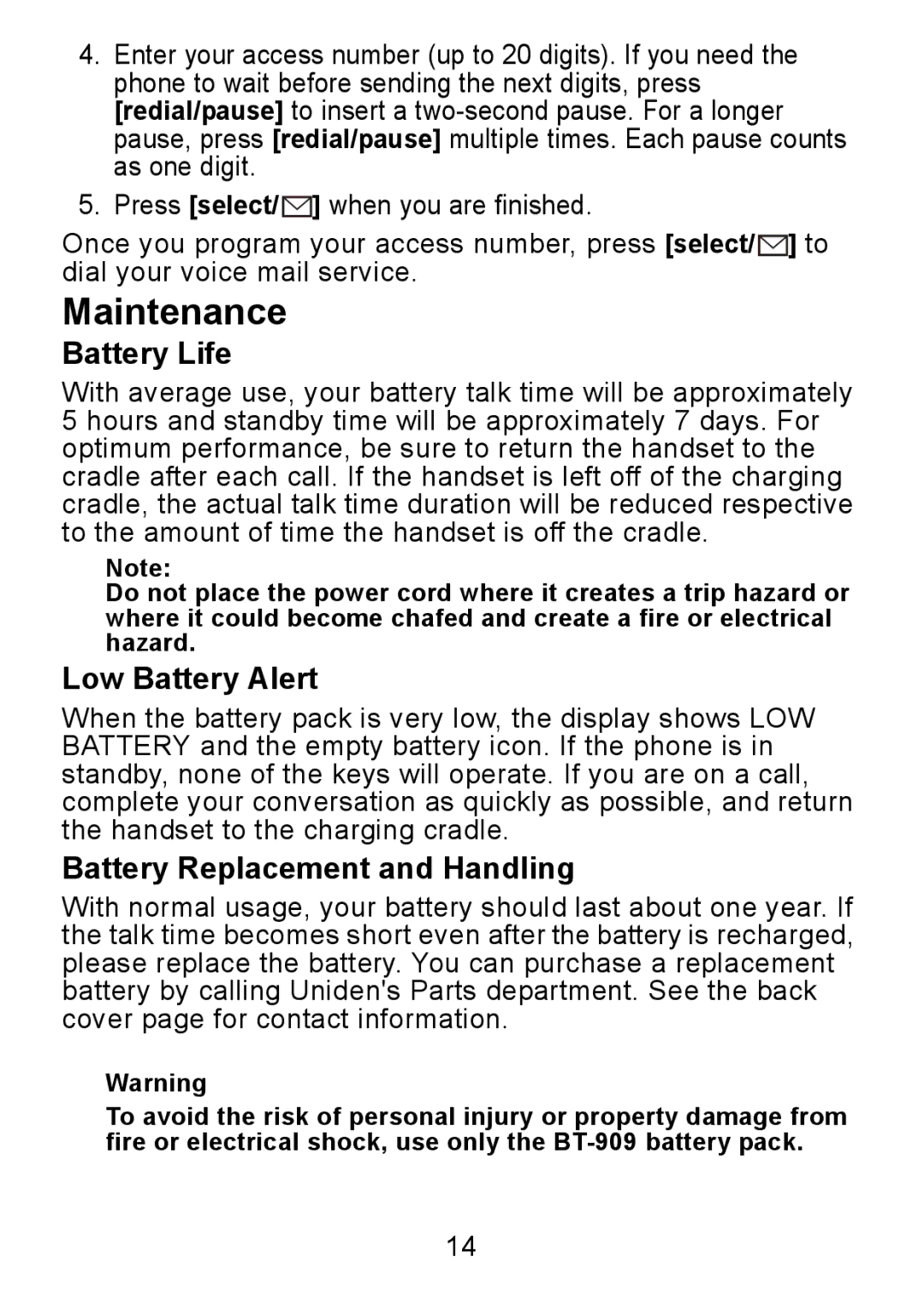 Uniden DCX750 manual Maintenance, Battery Life, Low Battery Alert, Battery Replacement and Handling 