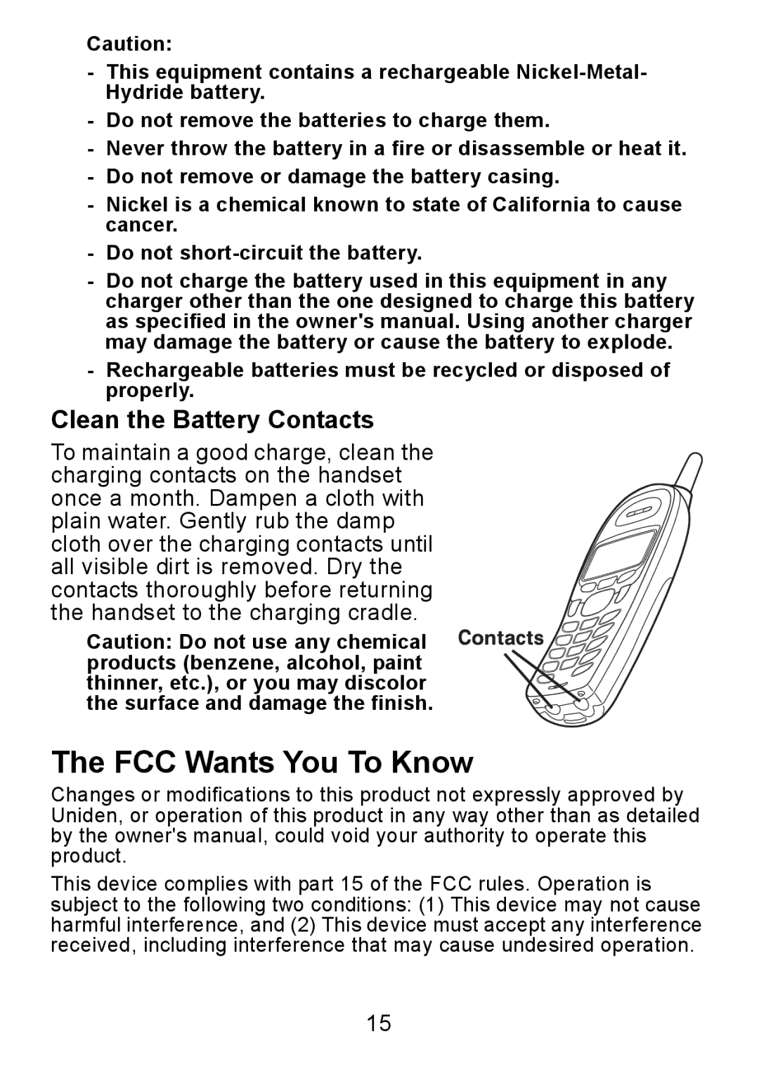 Uniden DCX750 manual FCC Wants You To Know, Clean the Battery Contacts 