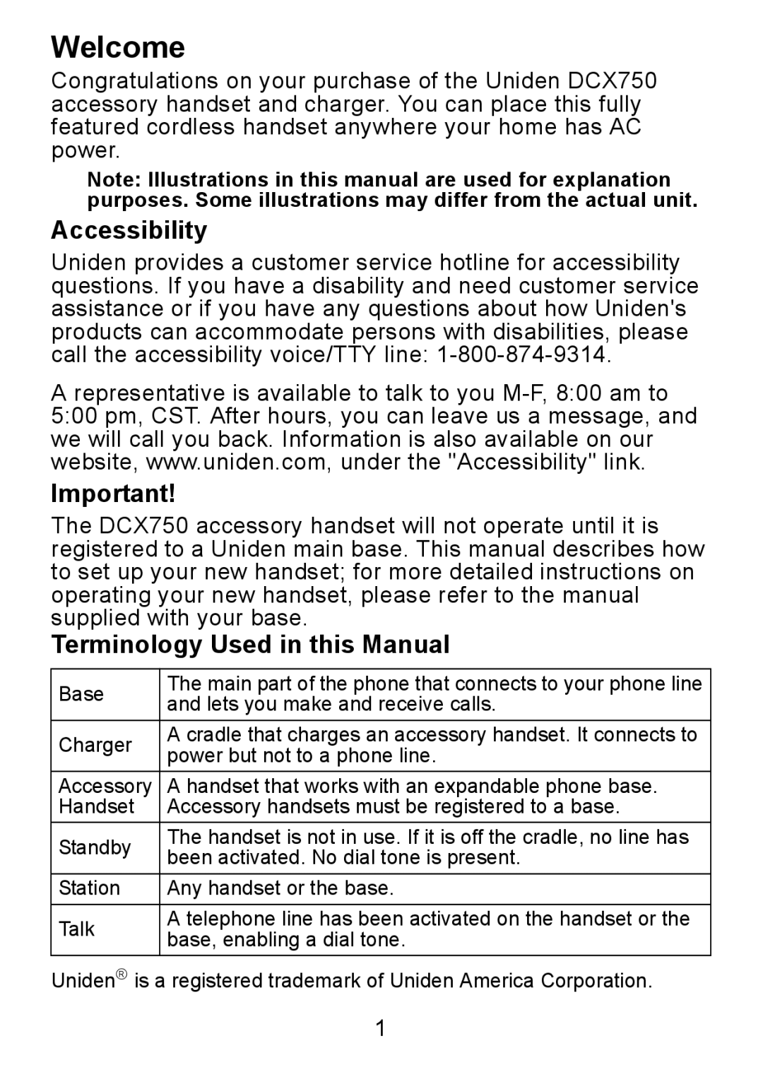 Uniden DCX750 manual Welcome, Accessibility, Terminology Used in this Manual 