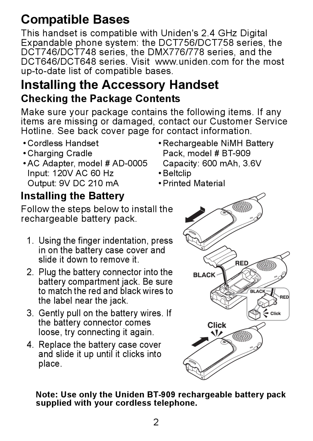 Uniden DCX750 Compatible Bases Installing the Accessory Handset, Checking the Package Contents, Installing the Battery 