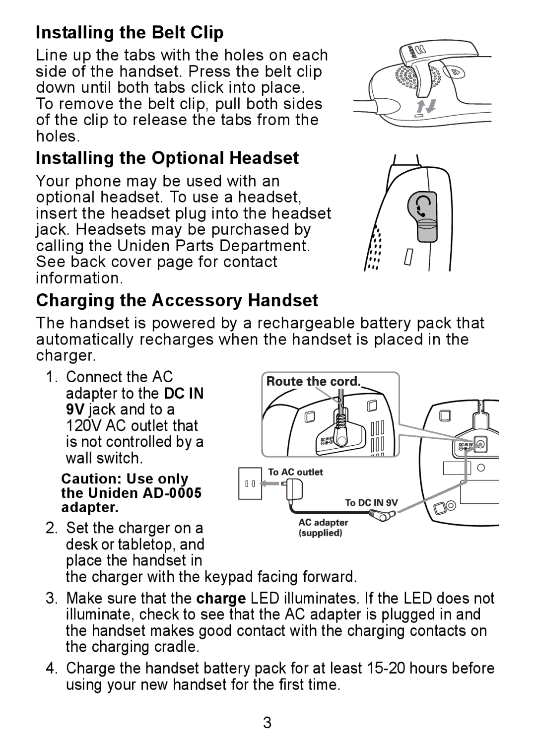 Uniden DCX750 manual Installing the Belt Clip, Installing the Optional Headset, Charging the Accessory Handset 