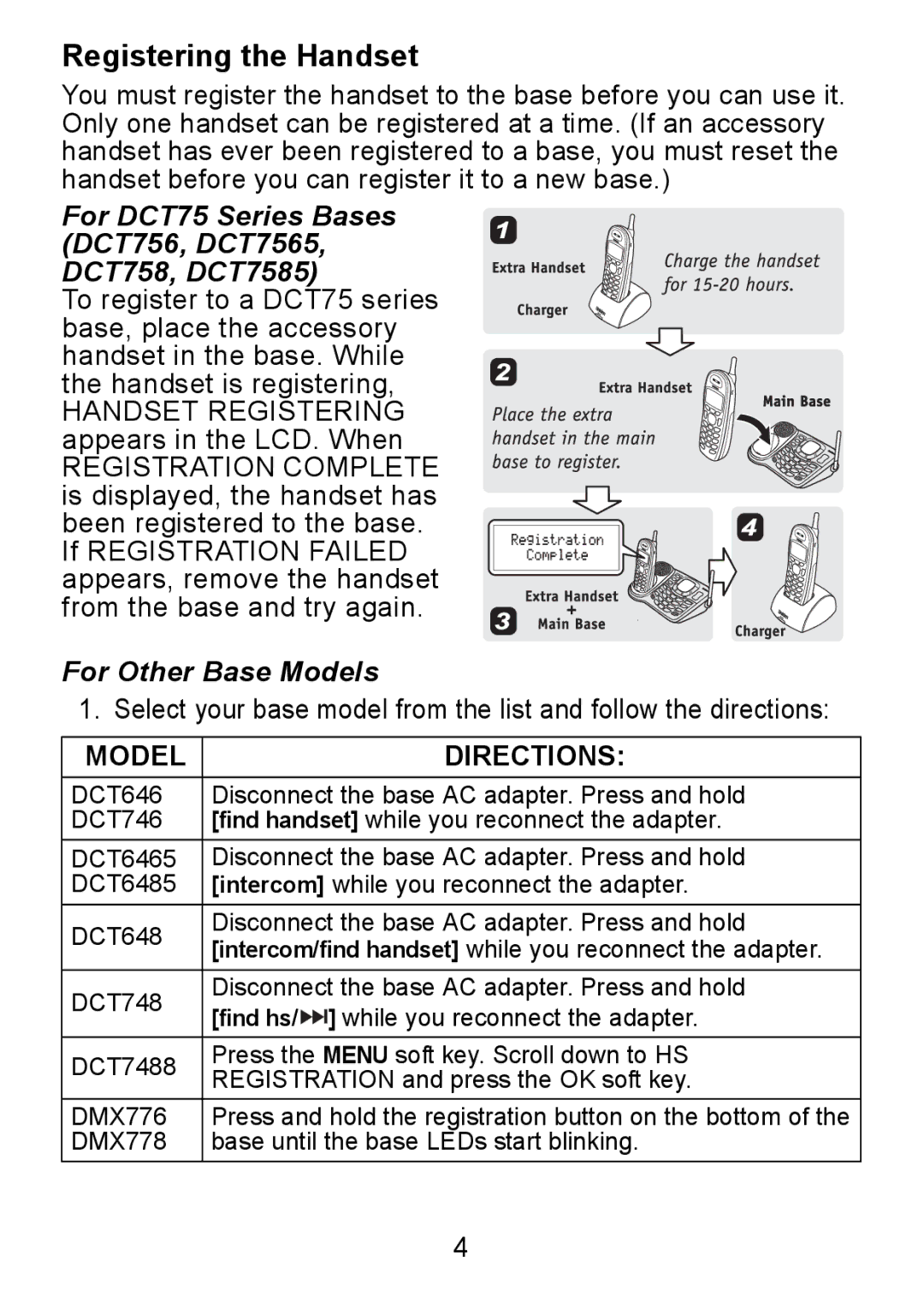 Uniden DCX750 manual Registering the Handset, For DCT75 Series Bases DCT756, DCT7565, DCT758, DCT7585 