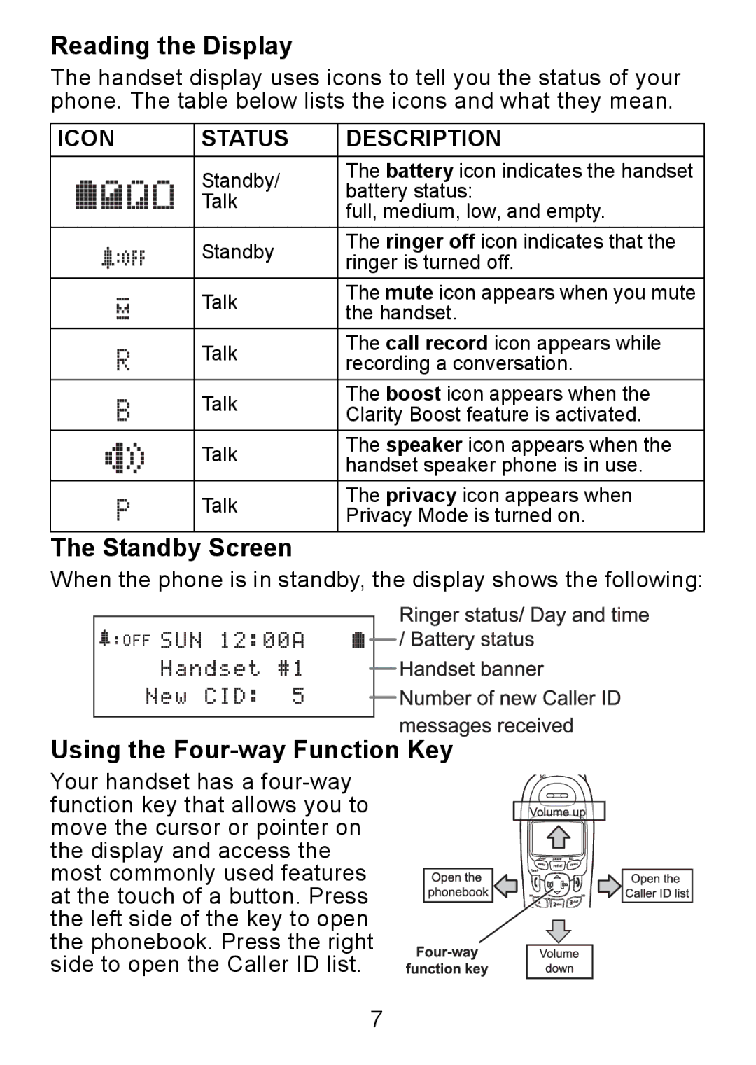 Uniden DCX750 manual Reading the Display, Standby Screen, Using the Four-way Function Key 