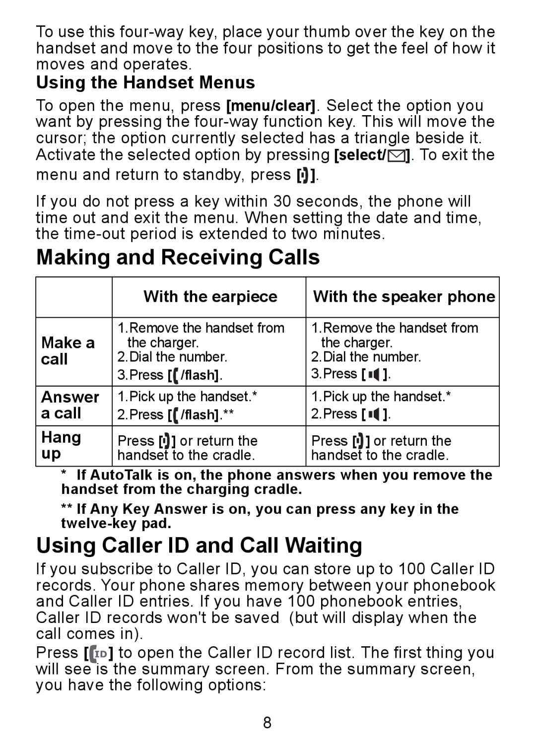 Uniden DCX750 manual Making and Receiving Calls, Using Caller ID and Call Waiting, Using the Handset Menus 