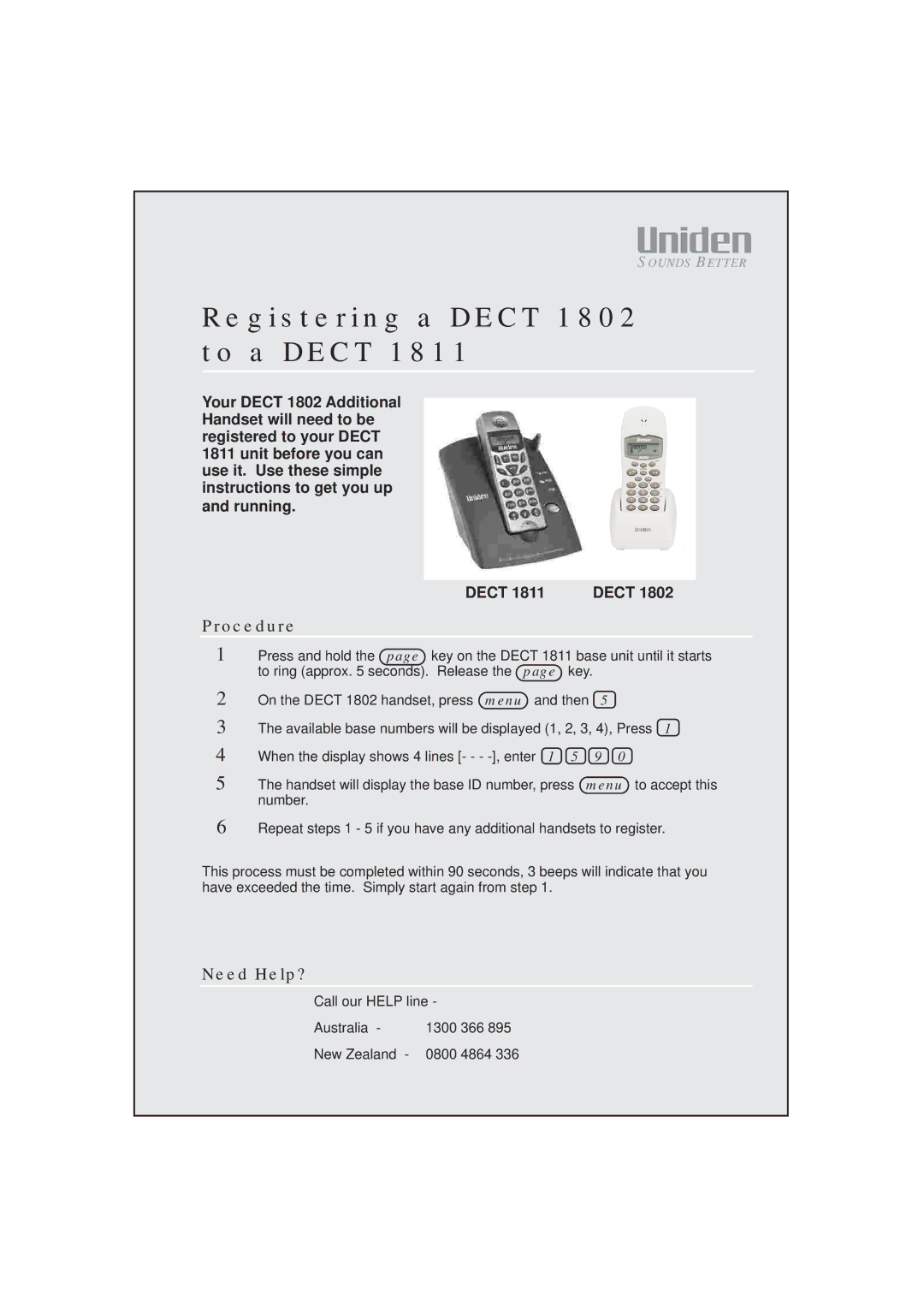 Uniden DECT 1802 manual Registering a Dect 1802 to a Dect, Procedure, Need Help? 