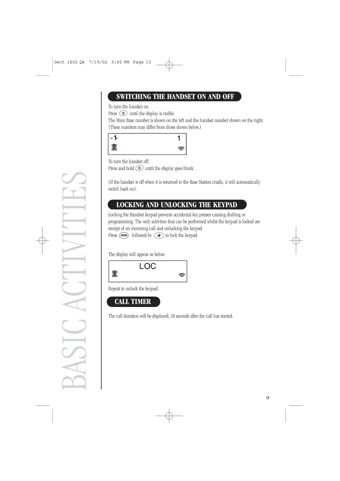 Uniden DECT 1806, DECT 1807 quick start Switching the Handset on and OFF, Locking and Unlocking the Keypad, Call Timer 