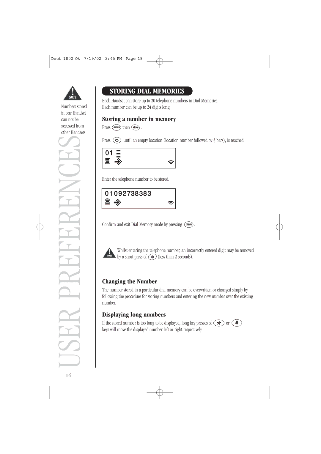 Uniden DECT 1807 Storing Dial Memories, Storing a number in memory, Changing the Number, Displaying long numbers 