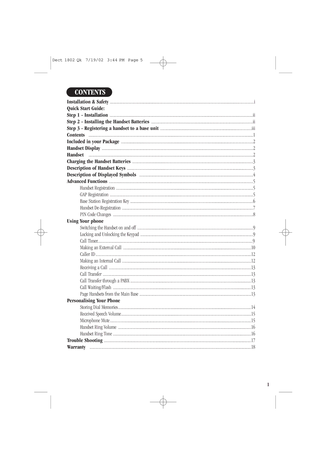 Uniden DECT 1806, DECT 1807 quick start Contents 