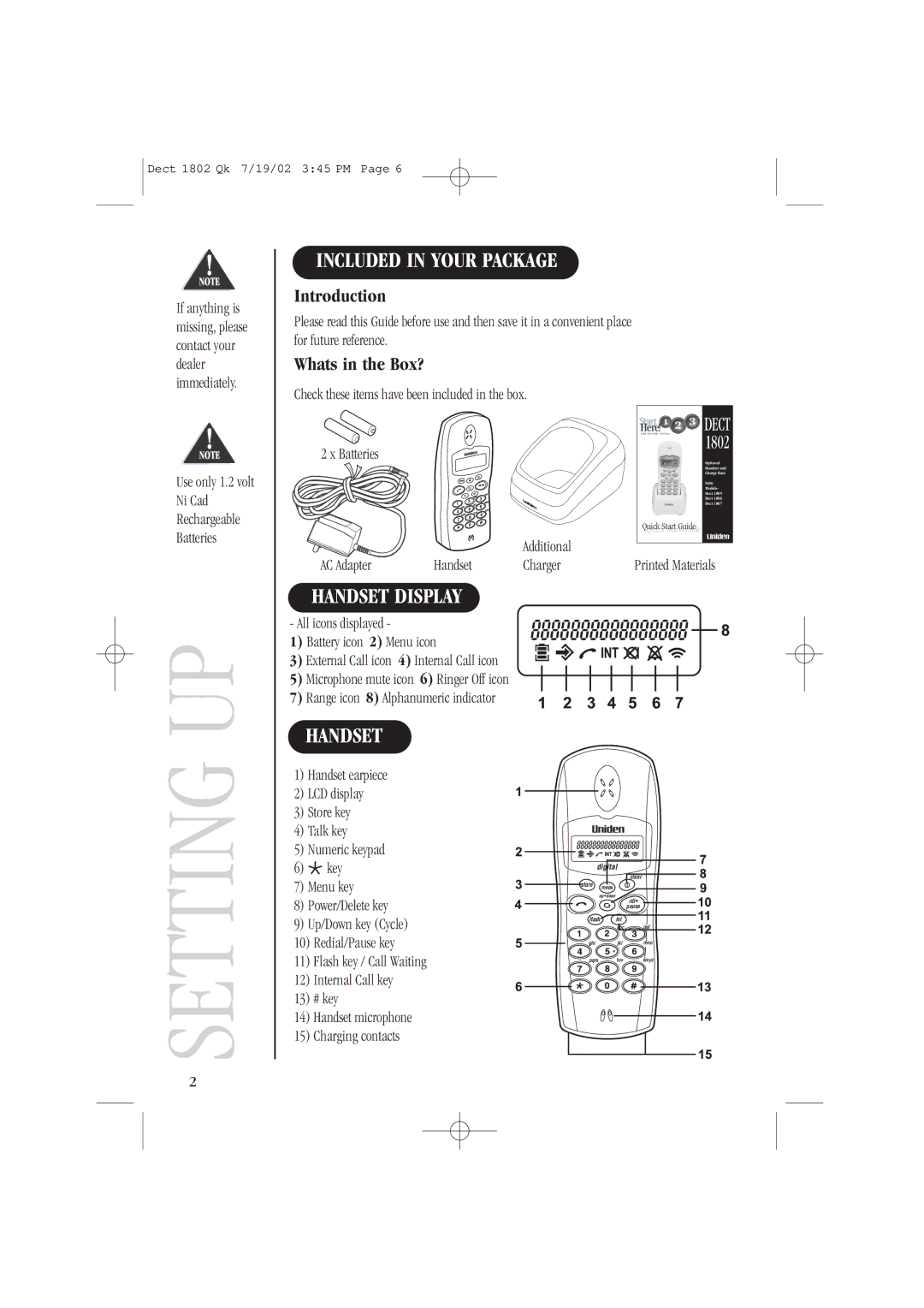 Uniden DECT 1807, DECT 1806 quick start Included in Your Package, Handset Display, Introduction, Whats in the Box? 