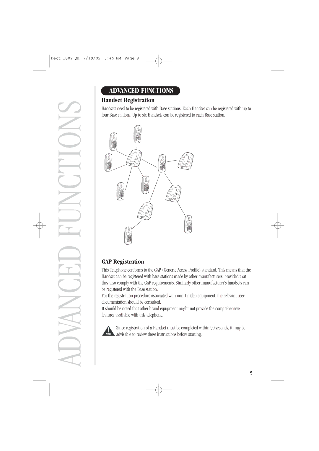 Uniden DECT 1806, DECT 1807 quick start Advanced Functions, Handset Registration, GAP Registration 