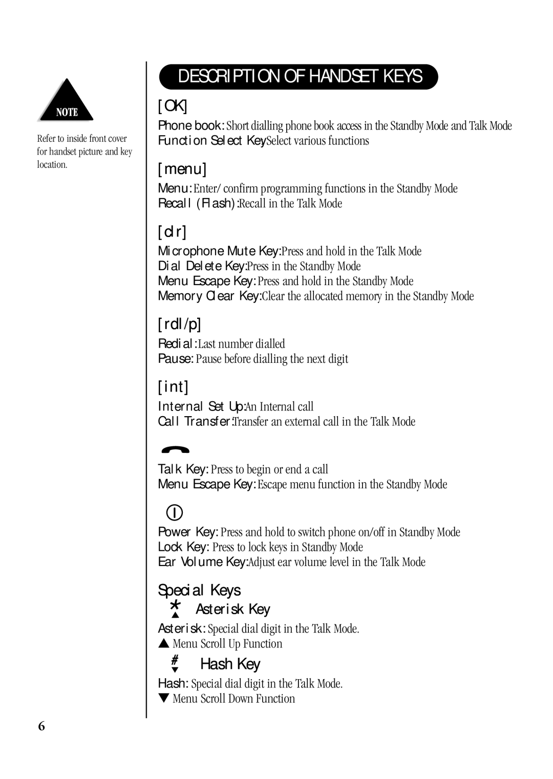 Uniden DECT 1811 manual Description of Handset Keys 