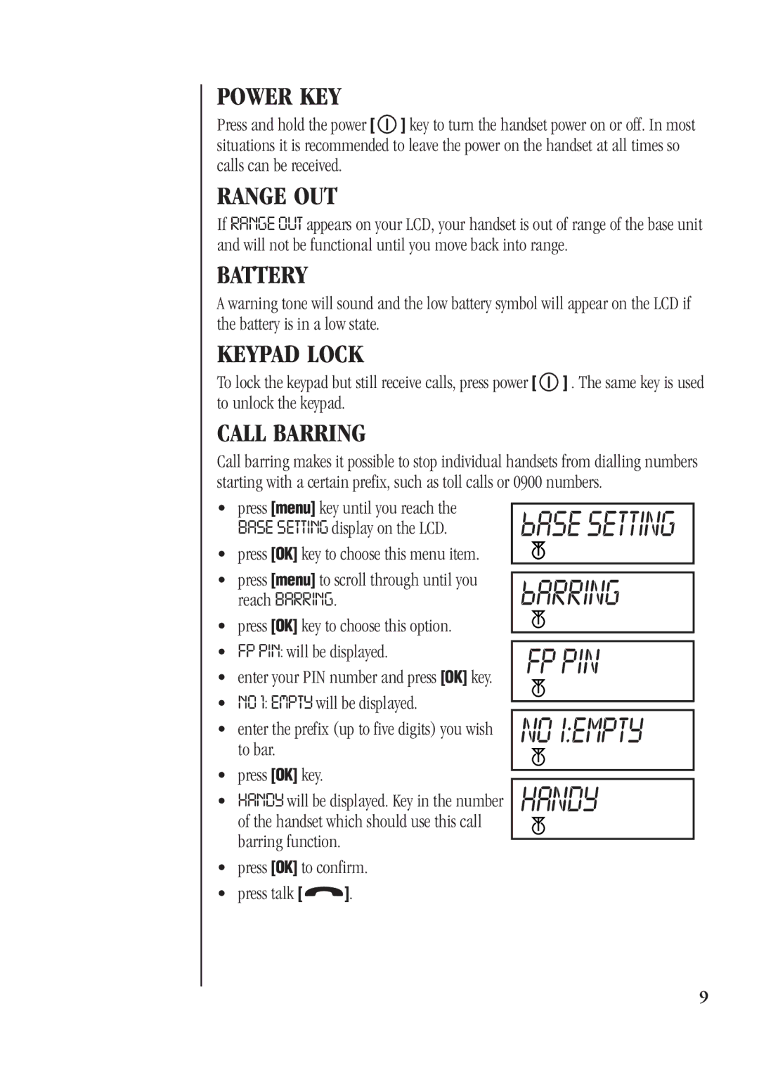 Uniden DECT 1811 manual Power KEY, Range OUT, Battery Keypad Lock, Call Barring 