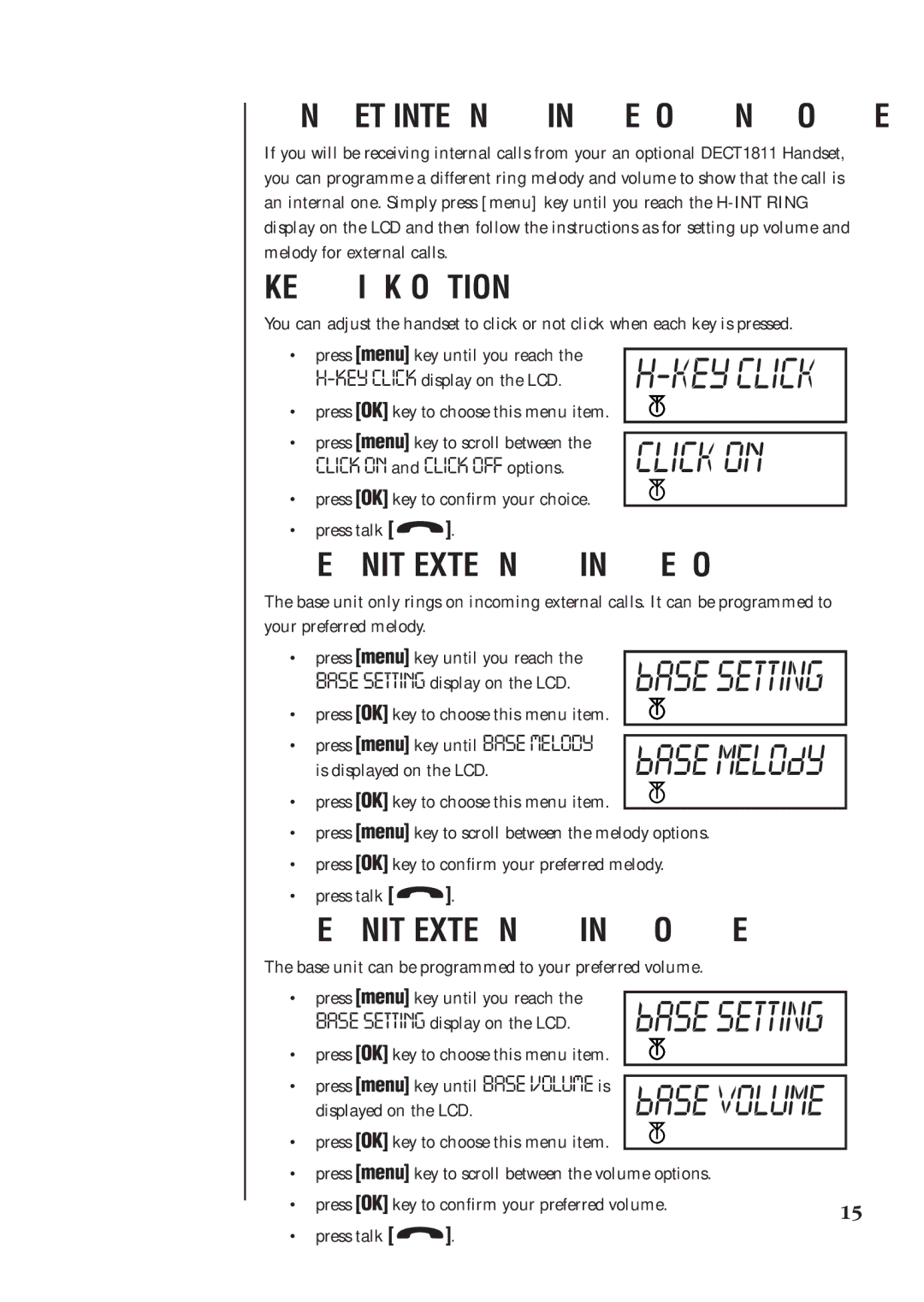 Uniden DECT 1811 manual KEY Click Option, Base Unit External Ring Melody, Base Unit External Ring Volume 