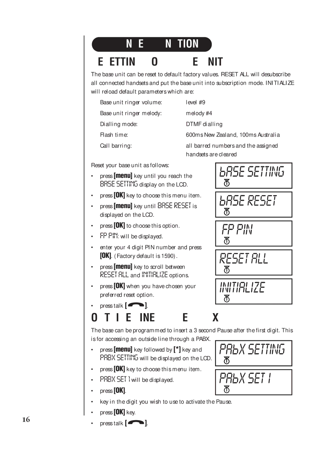 Uniden DECT 1811 manual Advanced Functions, Resetting Your Base Unit, Outside Line Pause Pabx 