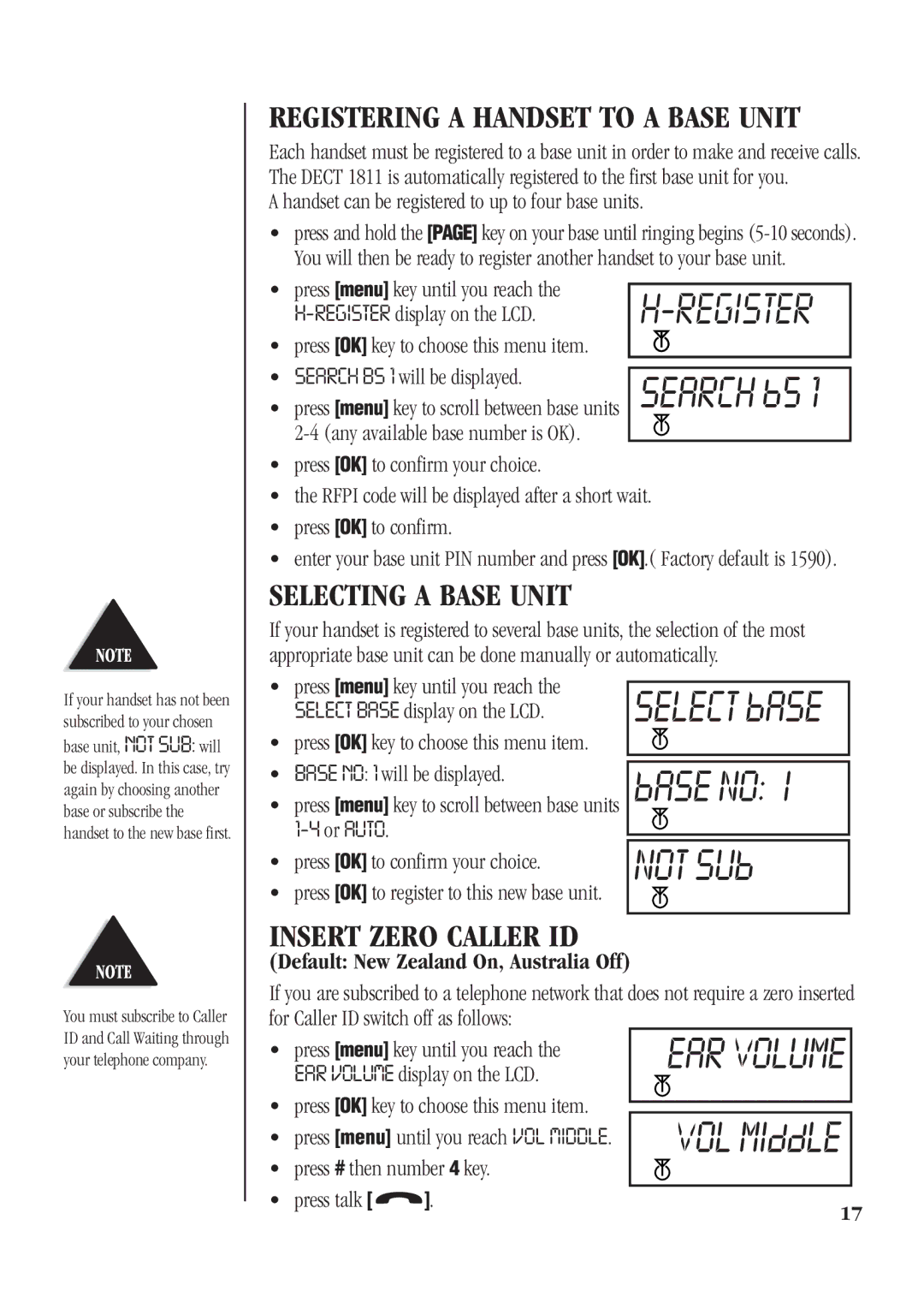 Uniden DECT 1811 manual Selecting a Base Unit, Insert Zero Caller ID, Default New Zealand On, Australia Off 