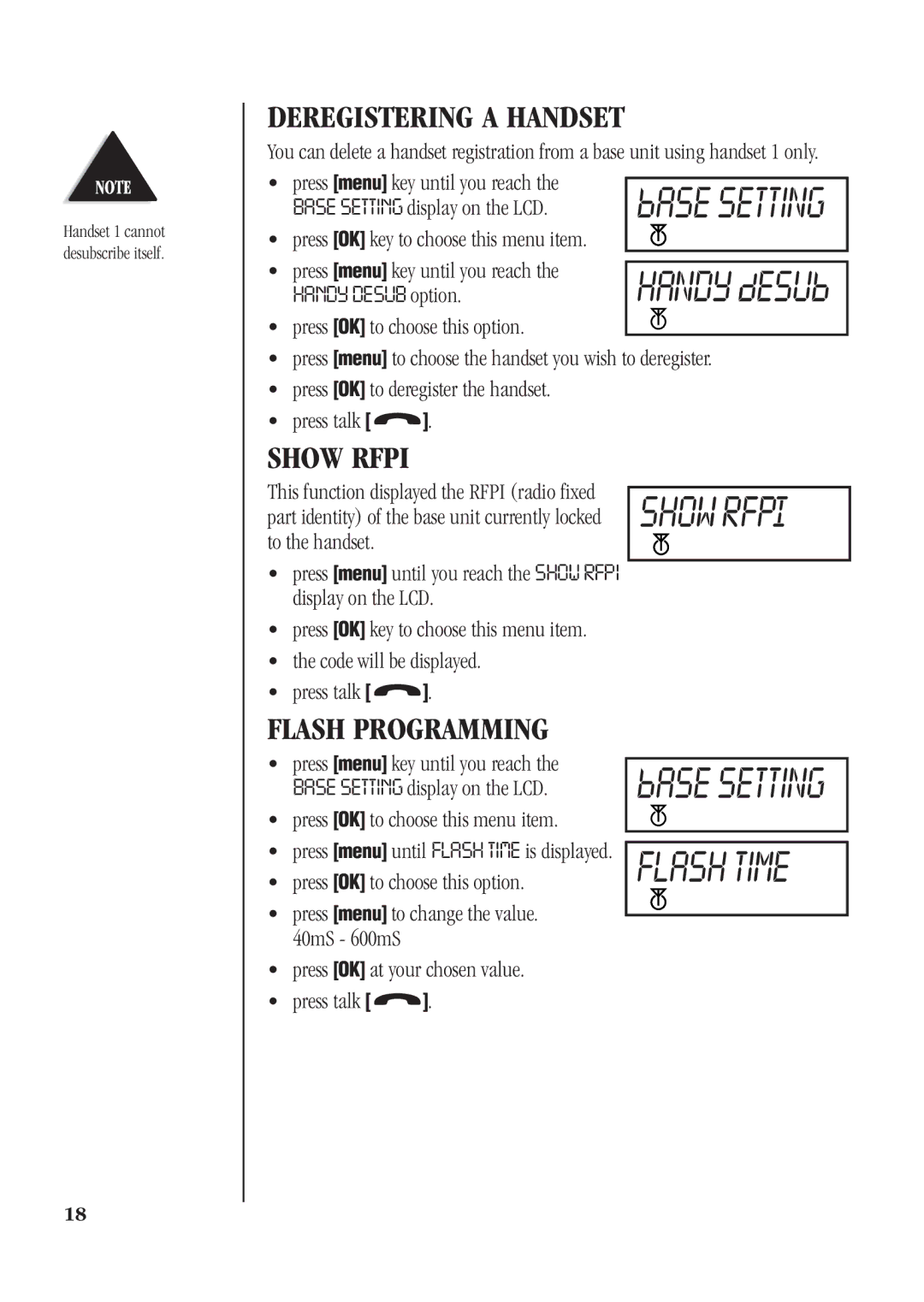 Uniden DECT 1811 manual Deregistering a Handset, Show Rfpi, Flash Programming 