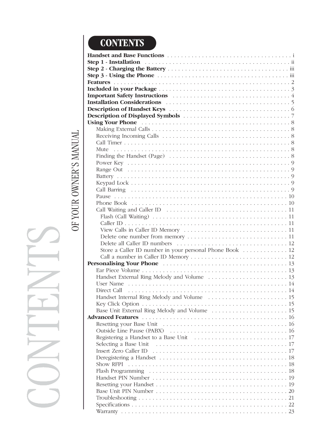 Uniden DECT 1811 manual Contents 