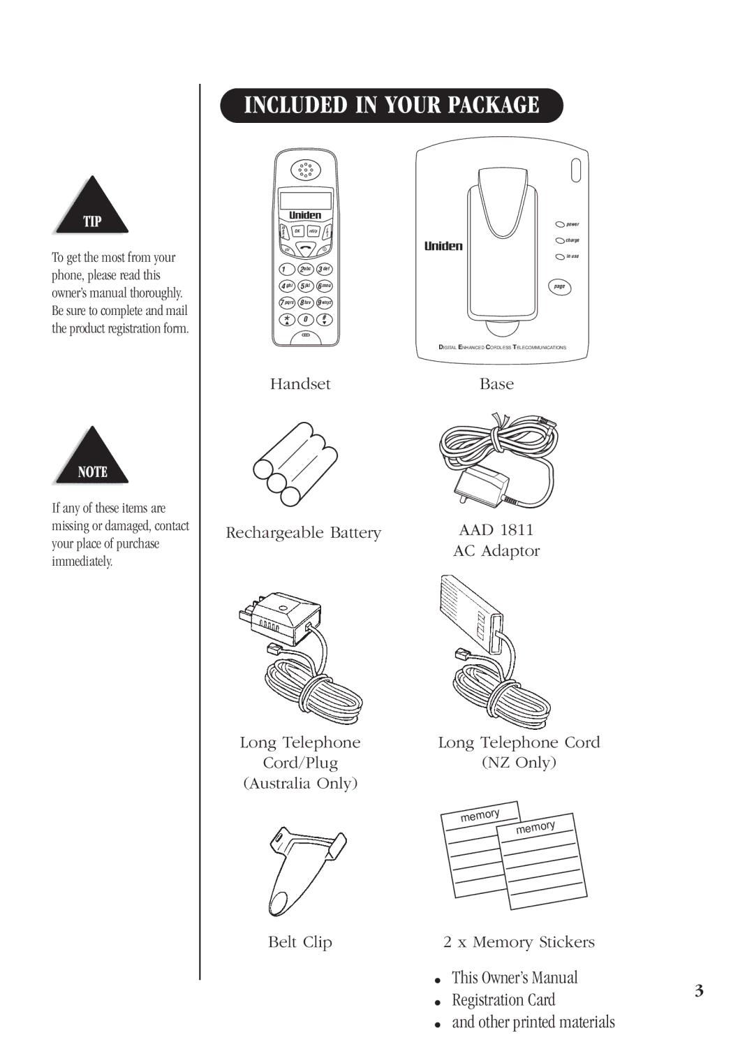 Uniden DECT 1811 manual Included in Your Package, Registration Card Other printed materials 