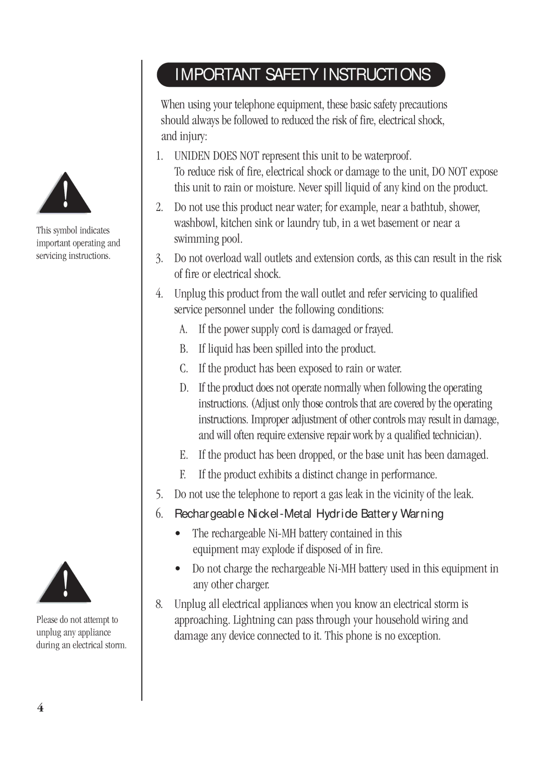 Uniden DECT 1811 manual Important Safety Instructions, Rechargeable Nickel-Metal Hydride Battery Warning 