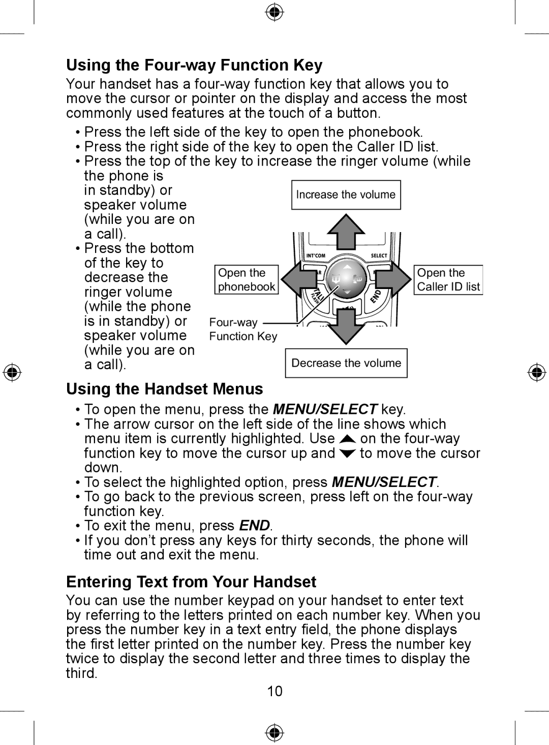 Uniden DECT 2035 Series manual Using the Four-way Function Key, Using the Handset Menus, Entering Text from Your Handset 