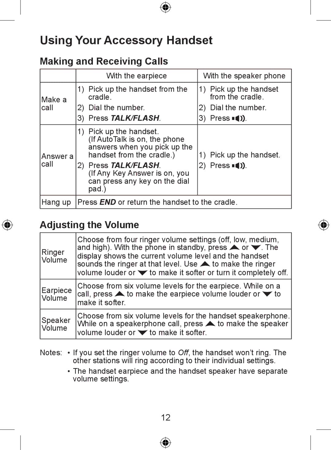 Uniden DECT 2005 Series, DECT 2015 Series Using Your Accessory Handset, Making and Receiving Calls, Adjusting the Volume 