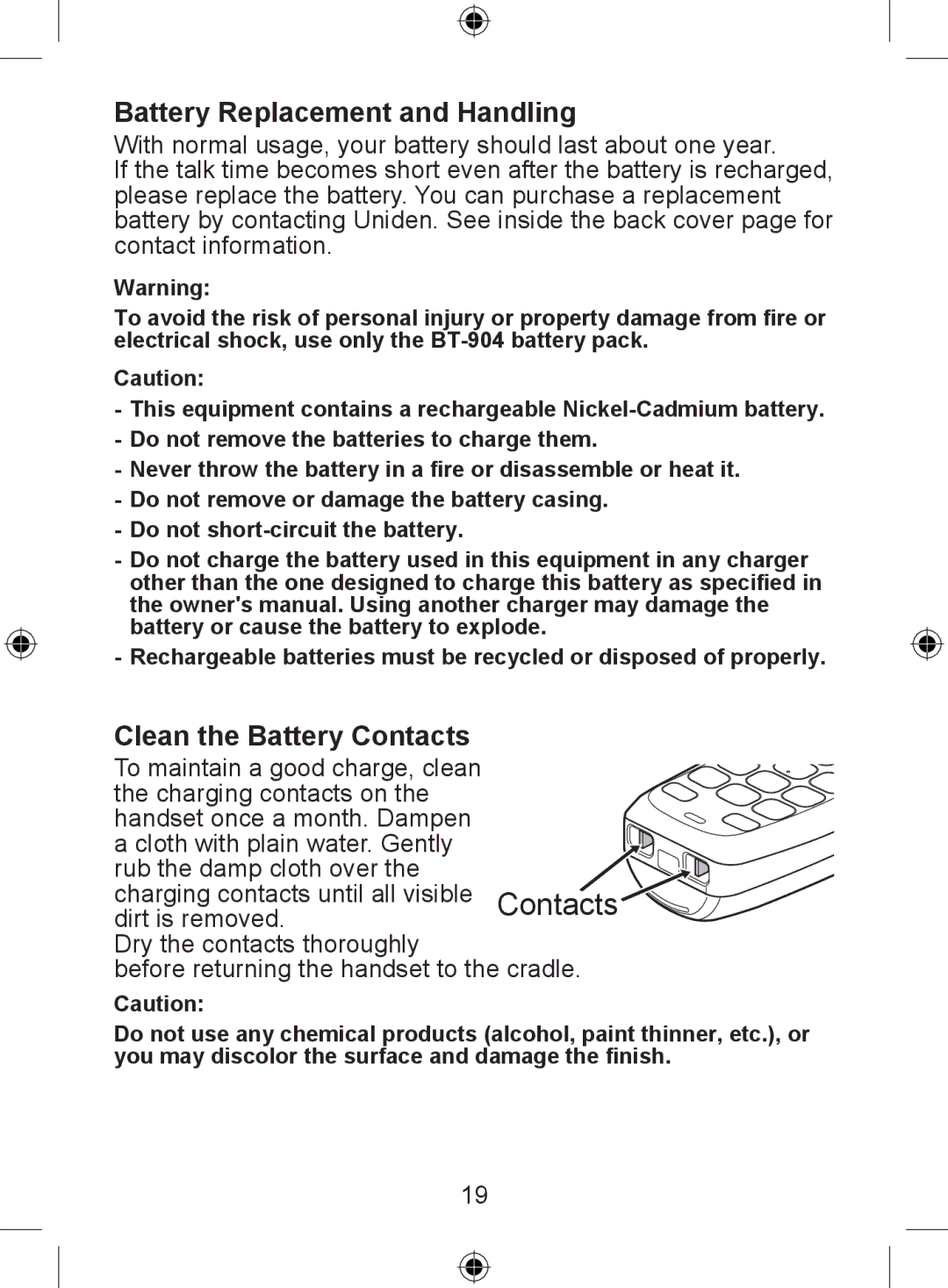 Uniden DECT 2035 Series, DECT 2015 Series, DECT 2005 Series Battery Replacement and Handling, Clean the Battery Contacts 