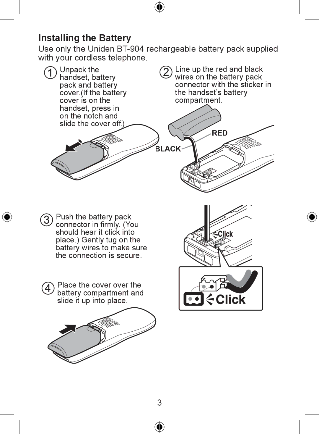 Uniden DECT 2005 Series, DECT 2015 Series, DECT 2035 Series manual Installing the Battery 