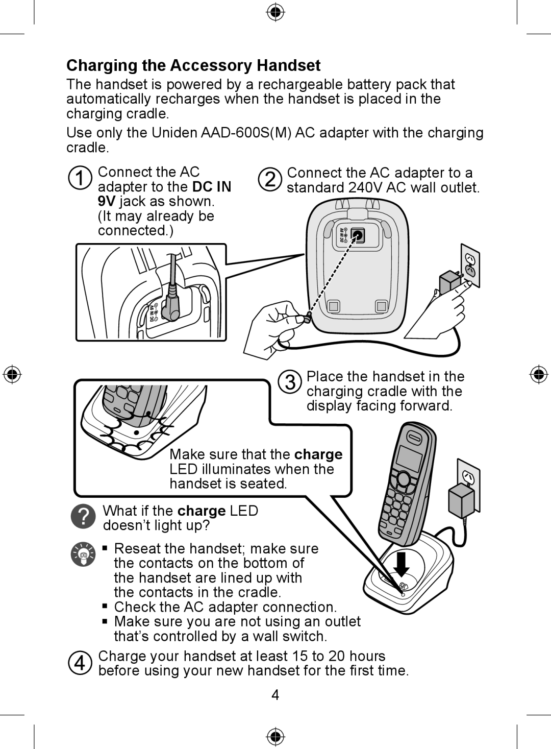 Uniden DECT 2035 Series, DECT 2015 Series, DECT 2005 Series manual Charging the Accessory Handset 