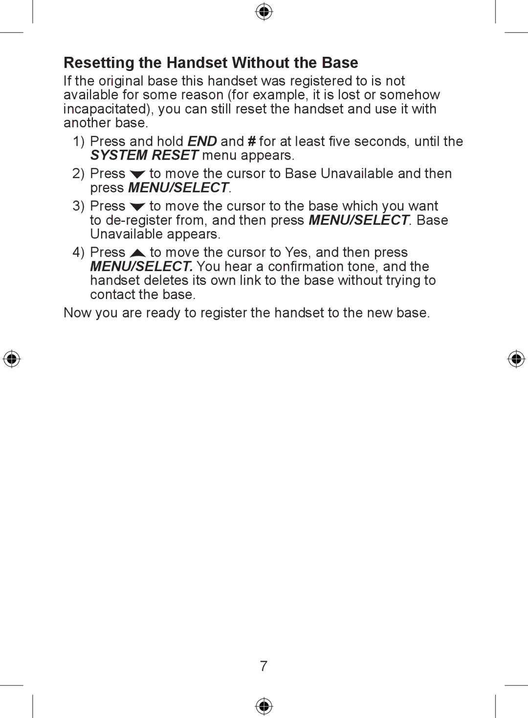 Uniden DECT 2035 Series, DECT 2015 Series, DECT 2005 Series manual Resetting the Handset Without the Base 