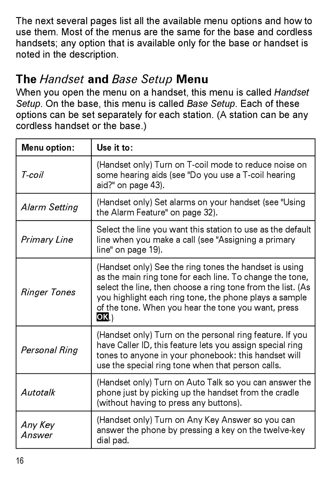 Uniden DECT 4096, DECT4096 Series manual Menu option Use it to 