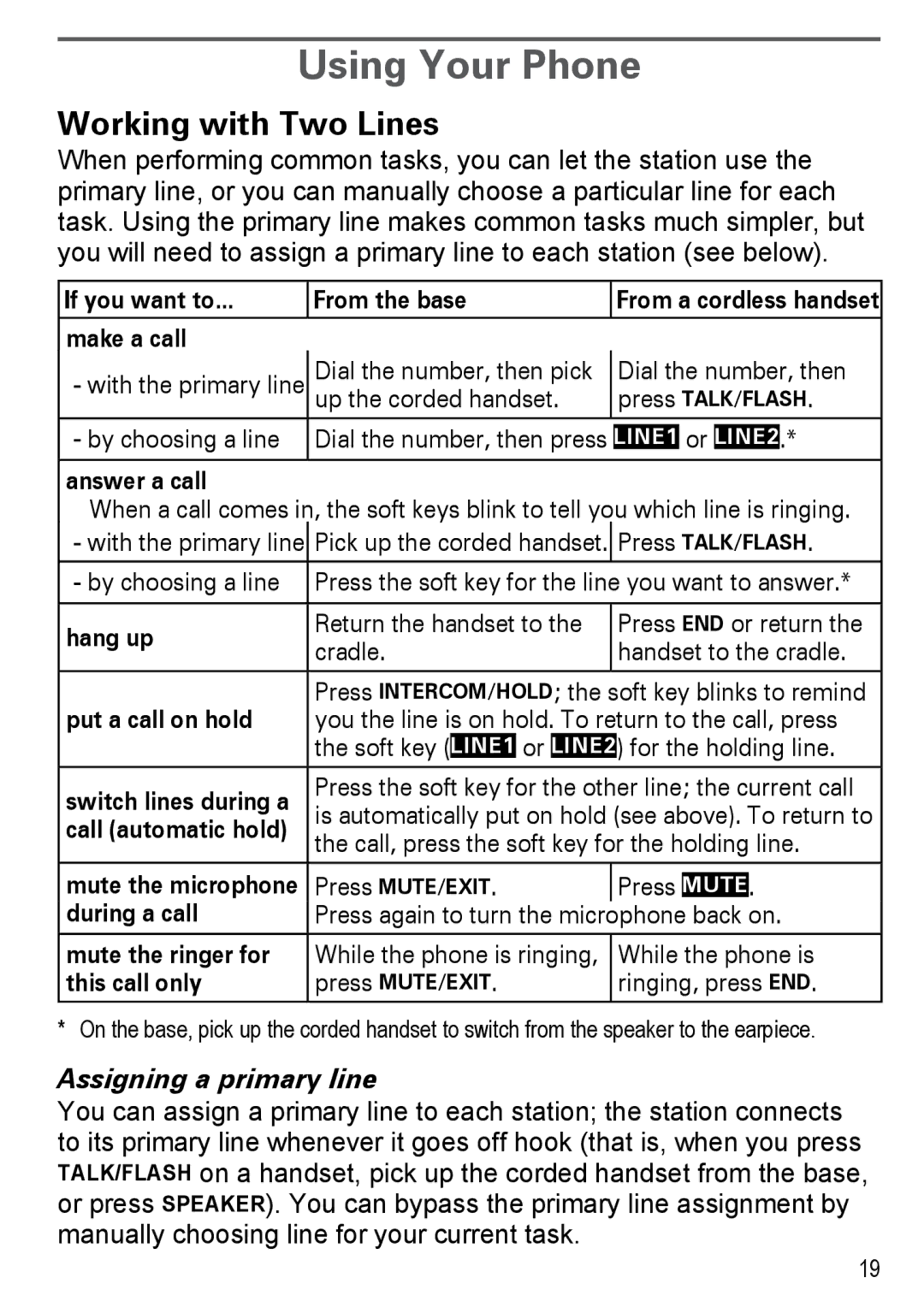 Uniden DECT 4096, DECT4096 Series manual Using Your Phone, Working with Two Lines, Assigning a primary line 