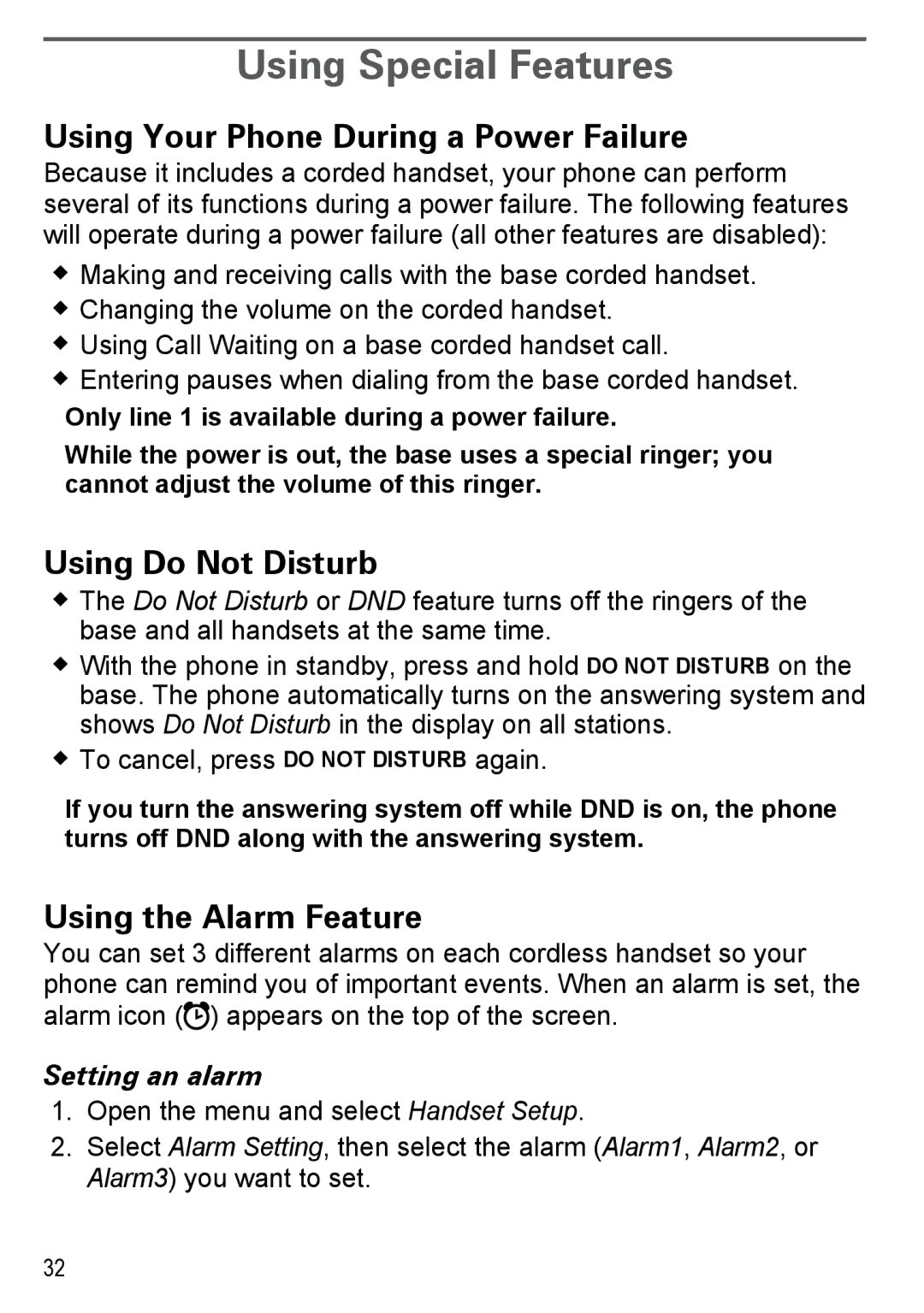 Uniden DECT4096 Using Special Features, Using Your Phone During a Power Failure, Using Do Not Disturb, Setting an alarm 