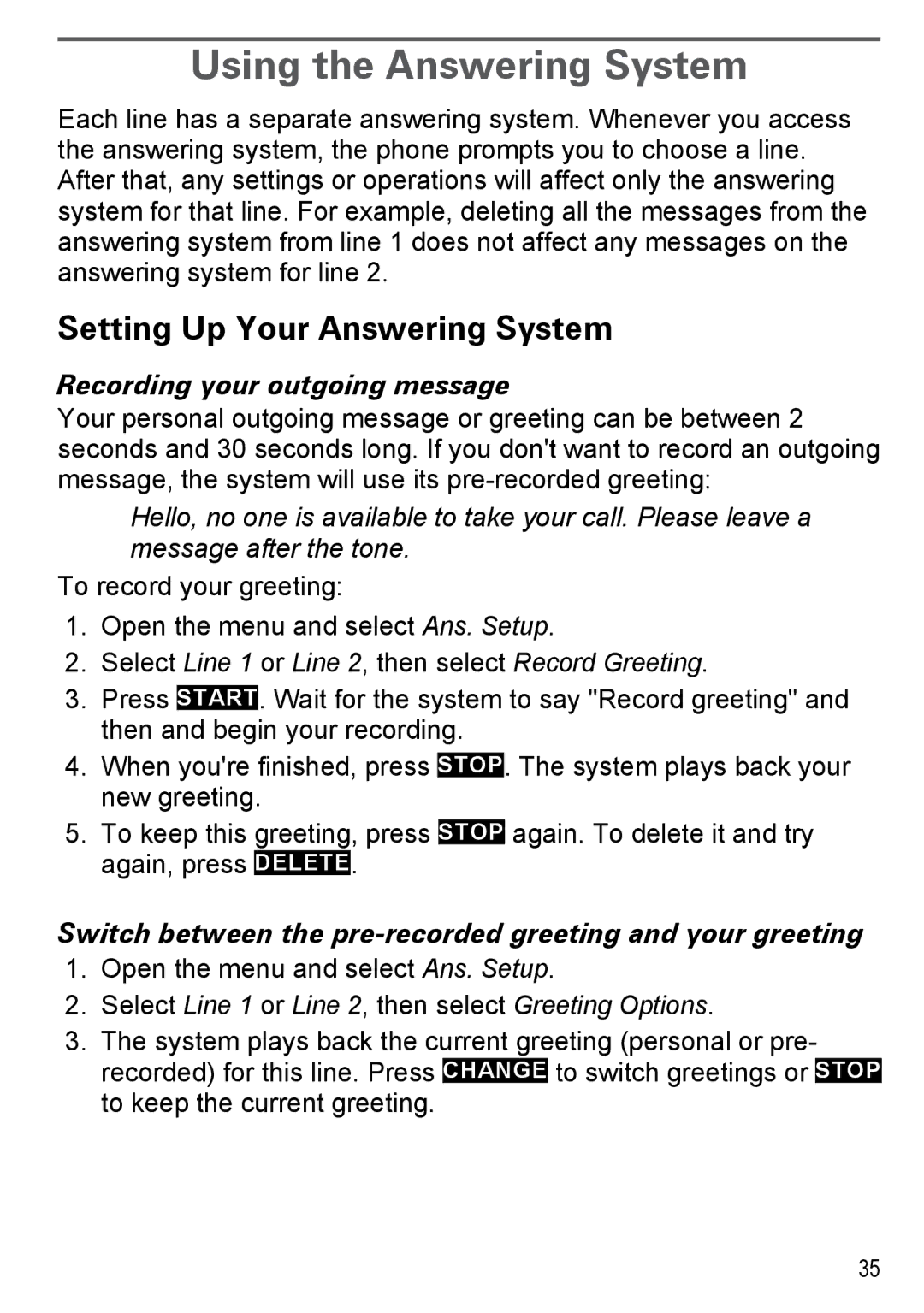 Uniden DECT4096, DECT 4096 Using the Answering System, Setting Up Your Answering System, Recording your outgoing message 