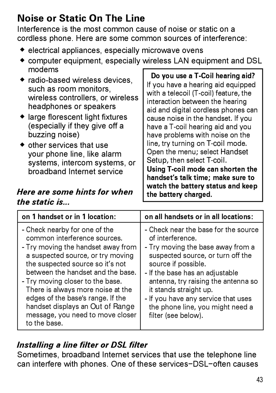 Uniden DECT 4096, DECT4096 Series manual Noise or Static onO The lLine, Here are some hints for when, Static is 