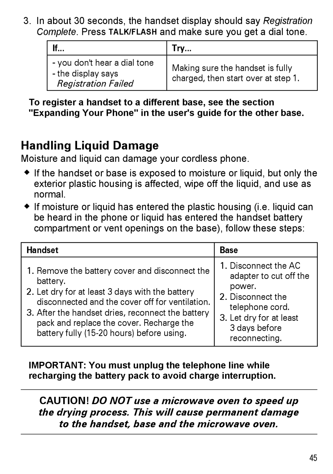 Uniden DECT4096 Series, DECT 4096 manual Handling Liquid Damage, Registration Failed, Handset Base 