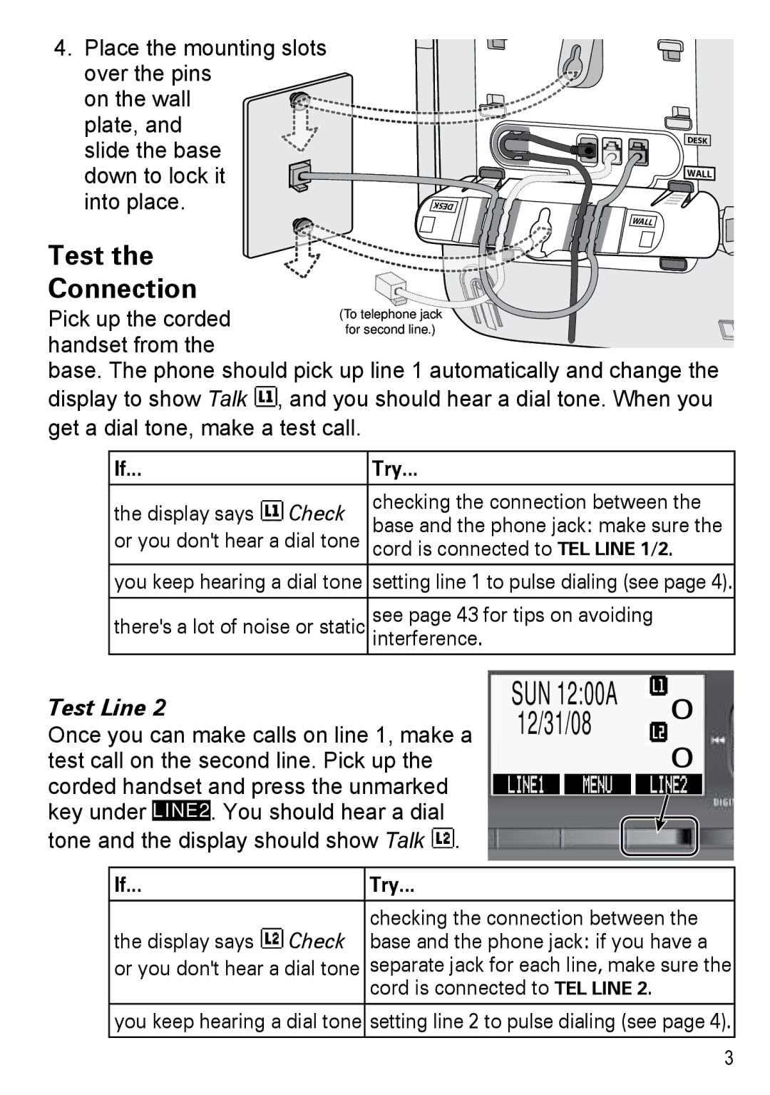 Uniden DECT4096 Series, DECT 4096 manual Test Connection, Test Line, Try, Check 