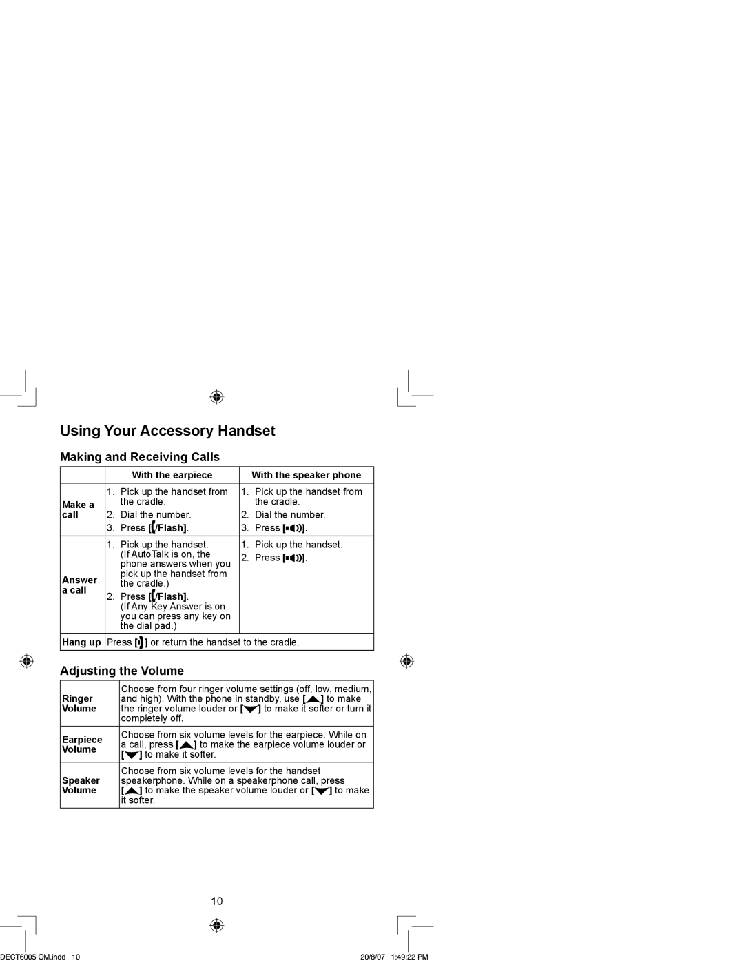 Uniden DECT 6015, DECT 6035 manual Using Your Accessory Handset, Making and Receiving Calls, Adjusting the Volume 
