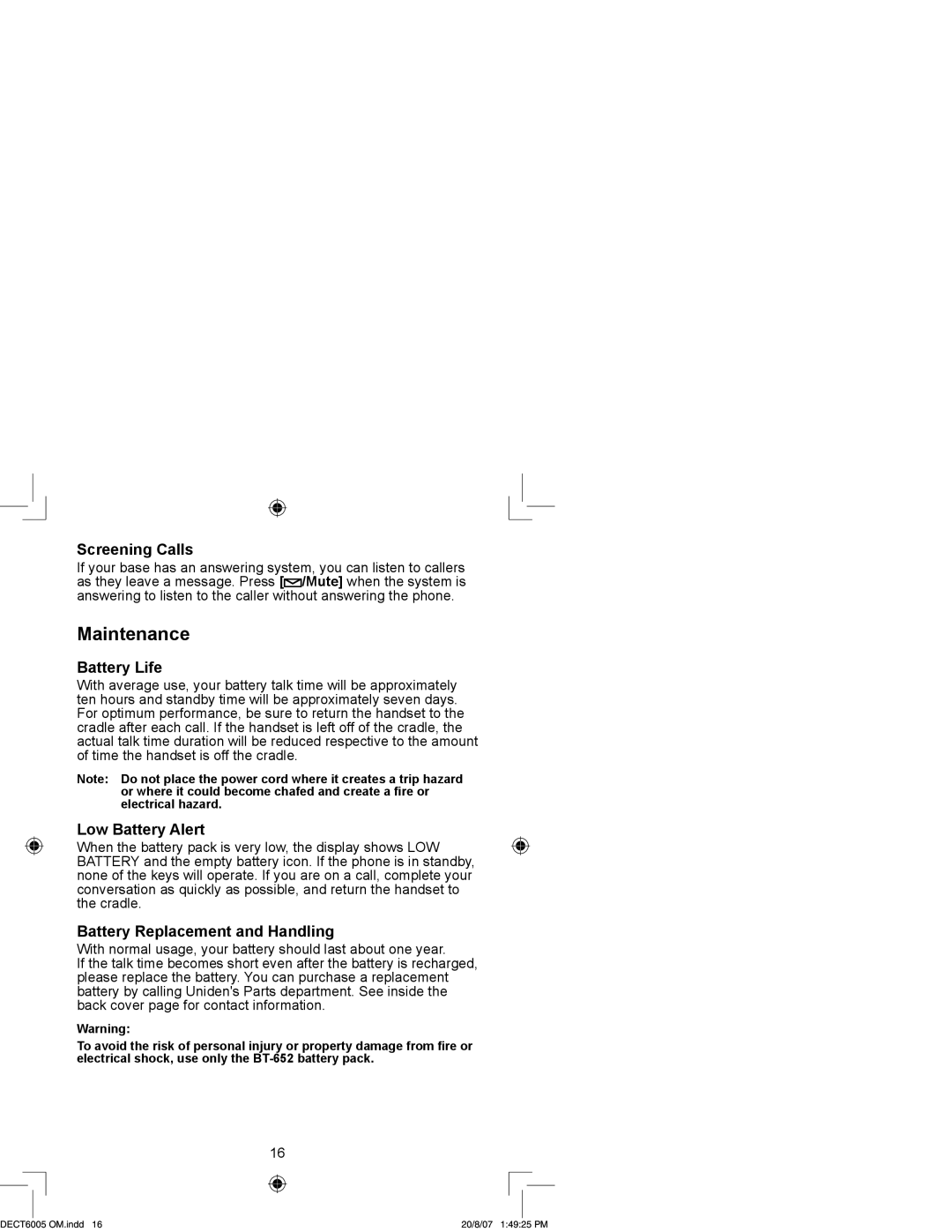 Uniden DECT 6015 manual Maintenance, Screening Calls, Battery Life, Low Battery Alert, Battery Replacement and Handling 