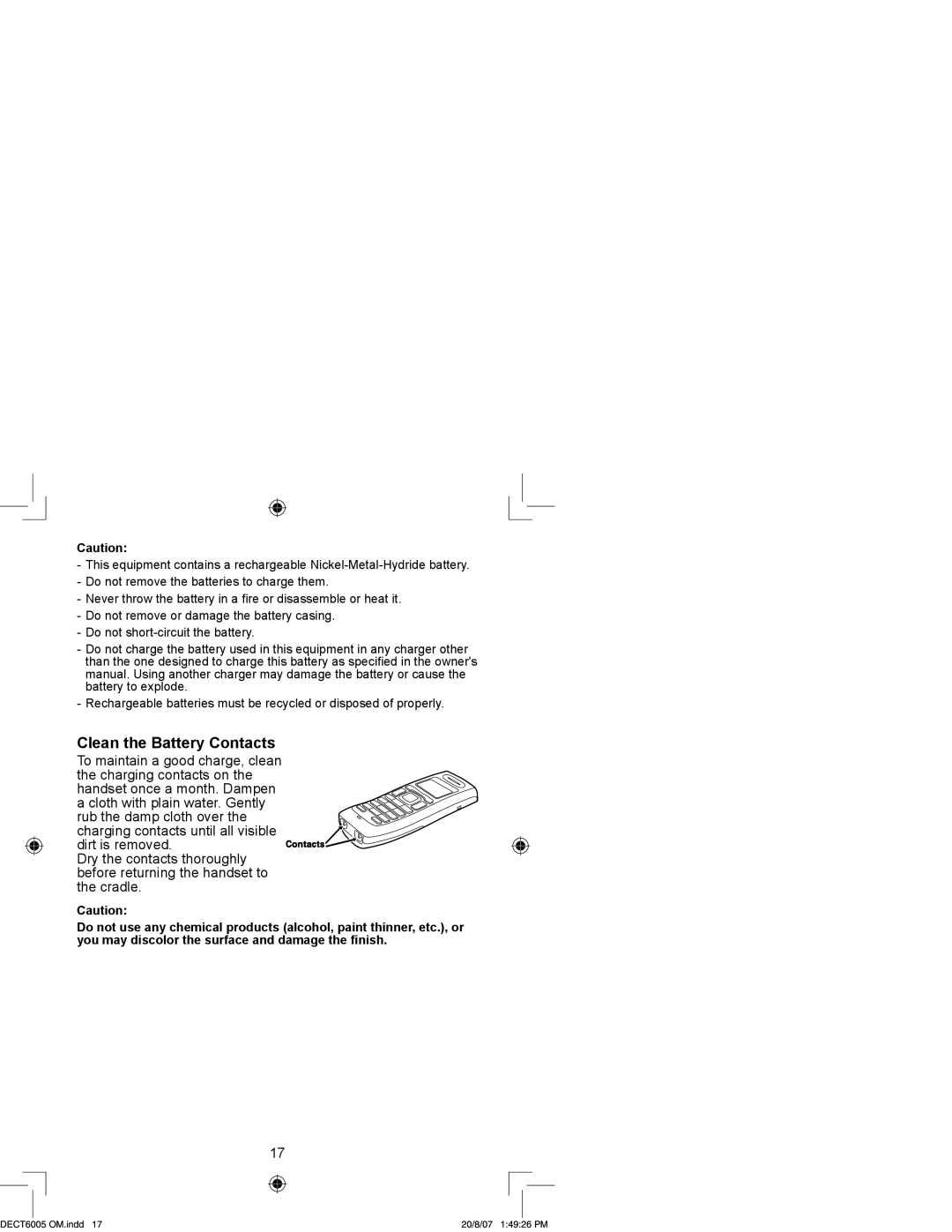 Uniden DECT 6035, DECT 6015 manual Clean the Battery Contacts 