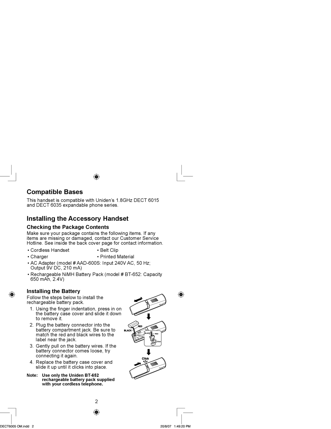 Uniden DECT 6015 Compatible Bases, Installing the Accessory Handset, Checking the Package Contents, Installing the Battery 