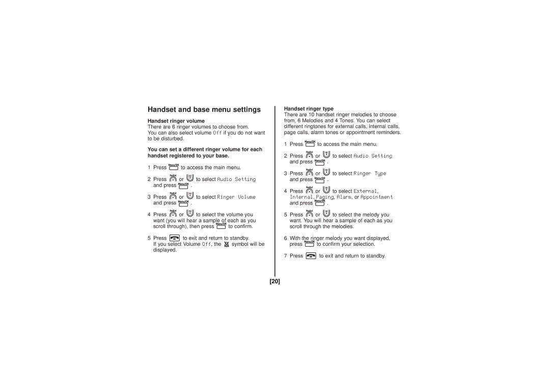 Uniden DECT1060-2, DECT1080-2 manual Handset and base menu settings, Handset ringer volume, Handset ringer type 