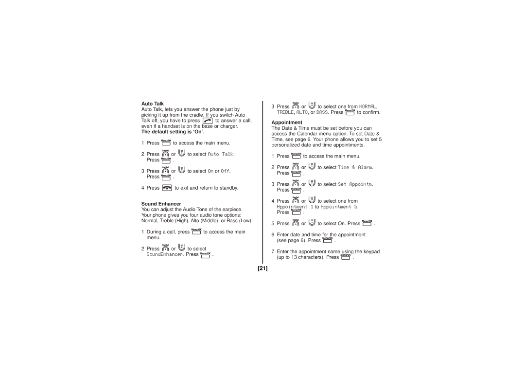 Uniden DECT1060-2, DECT1080-2 manual Auto Talk, Default setting is ‘On’, Sound Enhancer, Appointment 