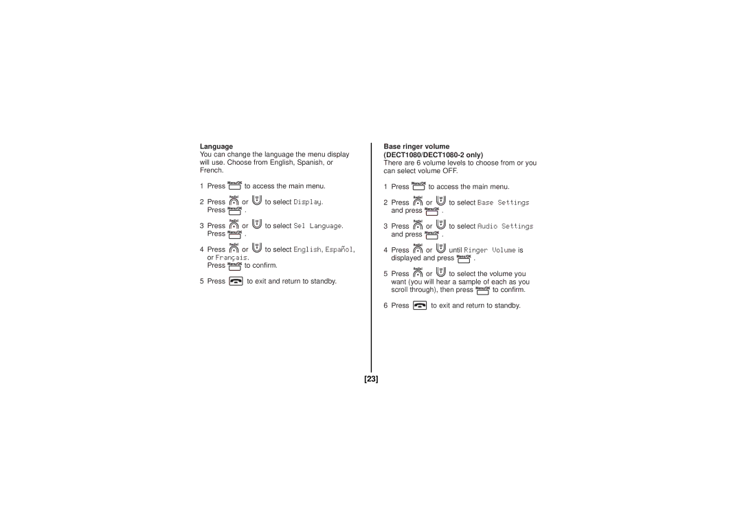 Uniden DECT1060-2 manual Language, Base ringer volume DECT1080/DECT1080-2 only 