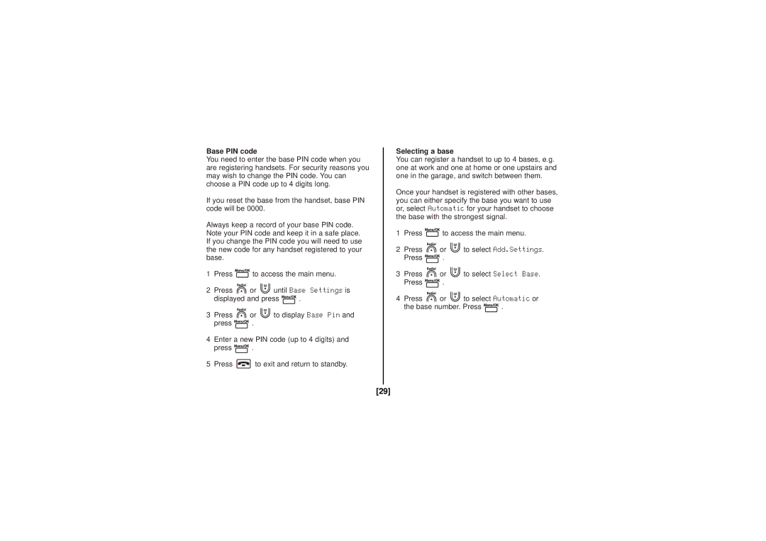 Uniden DECT1060-2, DECT1080-2 manual Base PIN code, Selecting a base 