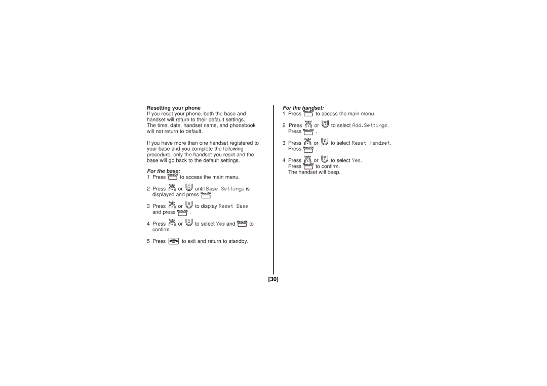 Uniden DECT1060-2, DECT1080-2 manual Resetting your phone, For the base, For the handset 