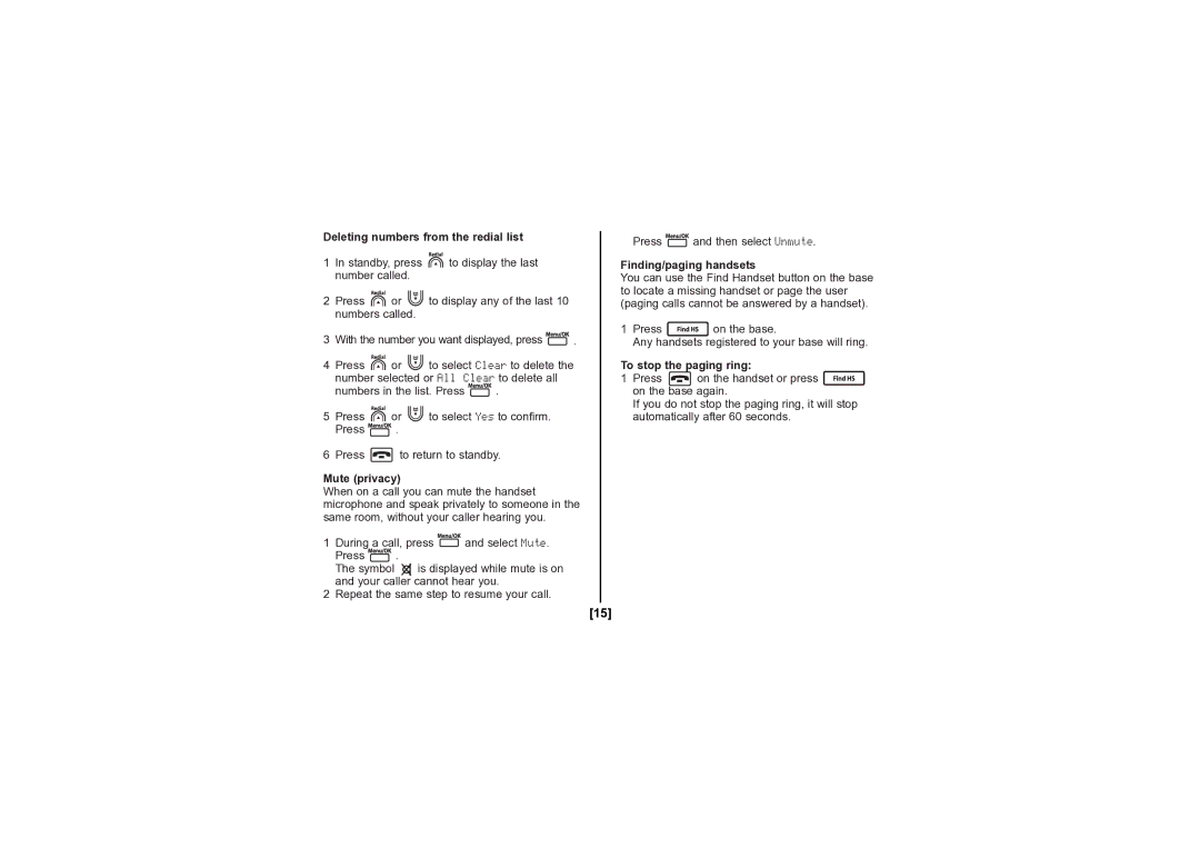 Uniden DECT1080 Deleting numbers from the redial list, Mute privacy, Finding/paging handsets, To stop the paging ring 