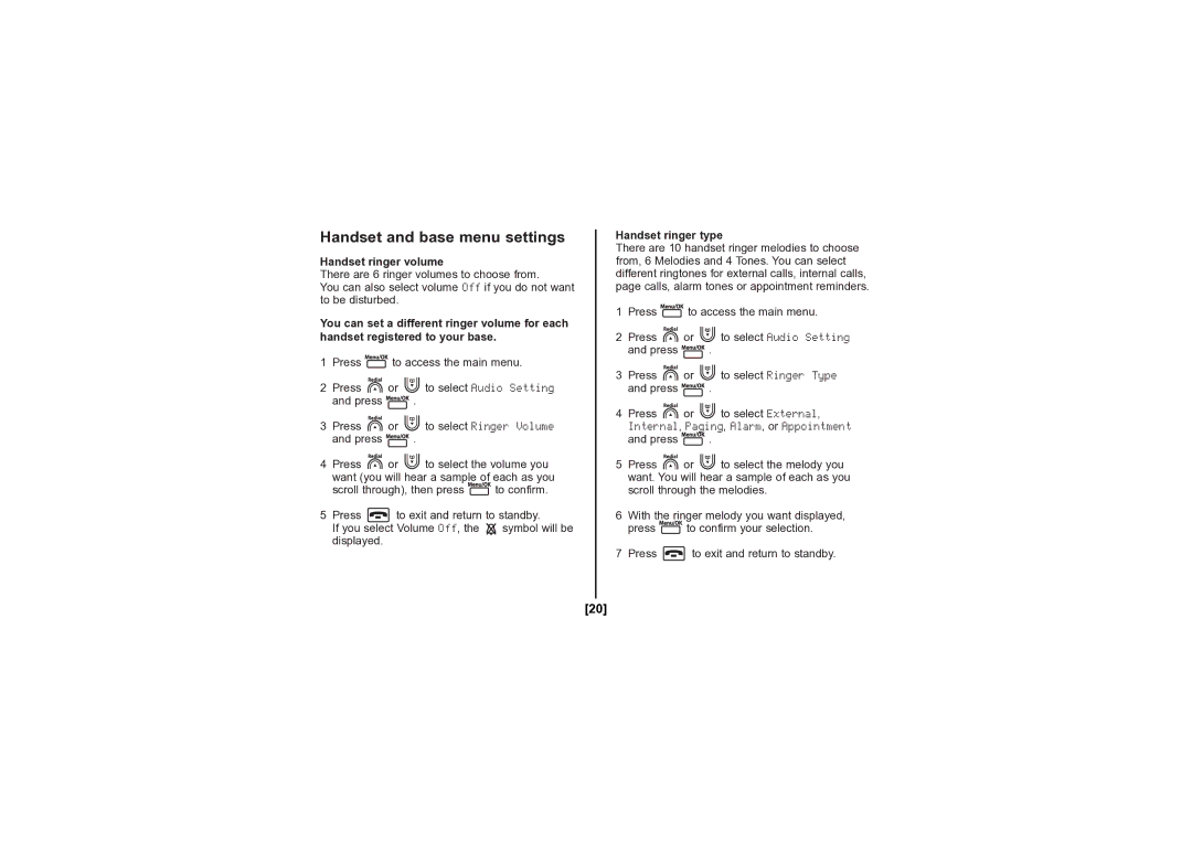 Uniden DECT1080 manual Handset and base menu settings, Handset ringer volume, Handset ringer type 